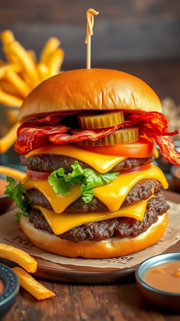 A gourmet burger with beef patty, cheddar cheese, bacon, lettuce, tomato, and pickles on a brioche bun, served with fries.